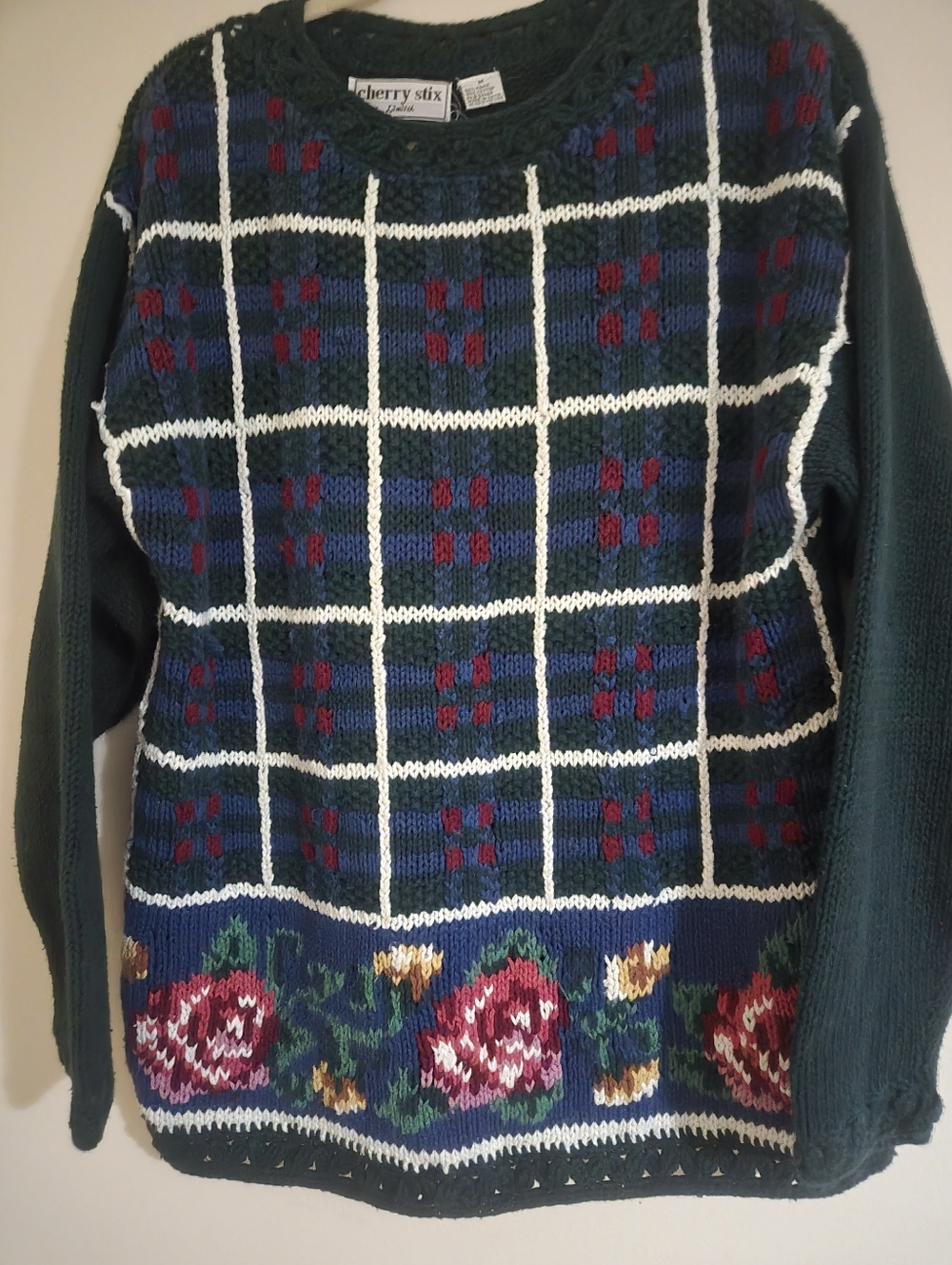 Cherry Stix Floral Plaid Knit Sweater - Green, Blue, Red, Cream